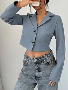 Elenzga 女款咖啡棕色短版單排扣長袖西裝外套 - 藍色 - 查看 4