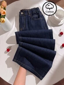 Big Girls' New Fashion Deep Blue Washed Straight Leg Wide Leg Loose Denim Jeans, Minimalist Daily All-Match Design Suitable For Back To School Season, Comfortable And Versatile - Medium Wash - View 3