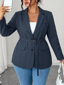 Elenzga Plus Size Women's Solid Color Blazer With Lapel, 2-Button Closure, Adjustable Waist Belt, Mid-Length Cinched Waist, H-Line Slightly Loose Fit, Suitable For Autumn/Winter Office Commute And Business Travel - Grey - View 3