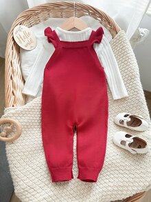 Cozy Pixies 女嬰針織連身褲，杏色，刺繡兔子與花卉圖案，秋冬長褲 - 酒紅色 - 查看 2