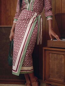 CAJUNI Plus Size Wrap Skirt With Tie Closure And Tropical Leaf Plaid Print. - Multicolor - View 6