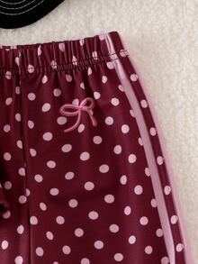 SHEIN 2件組幼女運動休閒套裝，酒紅色波點蝴蝶結條紋半拉鍊長袖立領衛衣＋寬腿長褲，可愛風格，適合上學、秋季假期，Katseye Sport - 彩色 - 查看 7