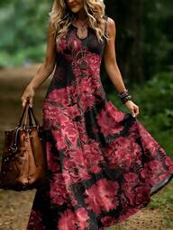 Breezaya Plus Size Women's Vintage Bohemian Floral Print Notch V-Neck Sleeveless Long Dress, Elegant A-Line Dresses For Everyday Wear & Vacation,New Fall Style