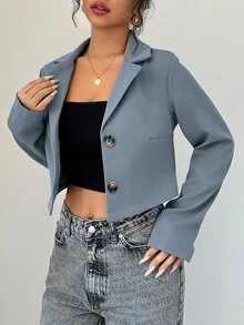 Elenzga 女款咖啡棕色短版單排扣長袖西裝外套 - 藍色 - 查看 6