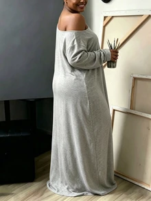 INAWLY Solva 大尺碼女款純色不對稱領口落肩長袖休閒寬鬆洋裝 - 淺灰色 - 查看 5