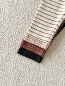 SHEIN 4件組女嬰基礎款多色緊身褲，黑色、棕色、卡其色、條紋圖案，適合學校、日常穿著、外出及各種場合 - 彩色 - 查看 7