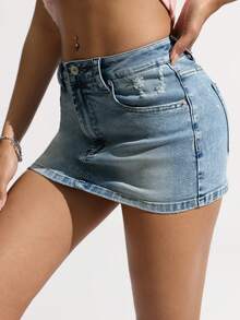 Jeanoix Petite Y2K Women's Summer Casual Mini Denim Skirt - Light Wash - View 6