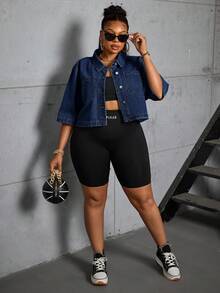 SHEIN CURVE+ Plus Size Women's Cropped Denim Jacket - Dark Wash - View 4