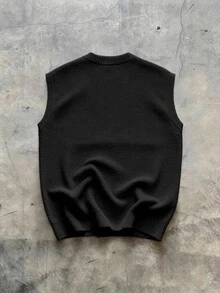 Manfinity Homme Men's Solid Color Crew Neck Casual Versatile Knit Vest - Black - View 2