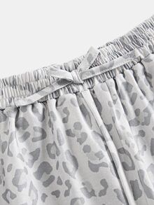 SHEIN 青少年女孩豹紋圓領短袖T恤與寬腿褲休閒套裝 - 灰色 - 查看 8