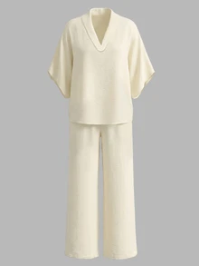 Women's Solid Color 3/4 Sleeve Loose Blouse And Wide Leg Pants Casual 2 Pieces Set - Apricot - View 3
