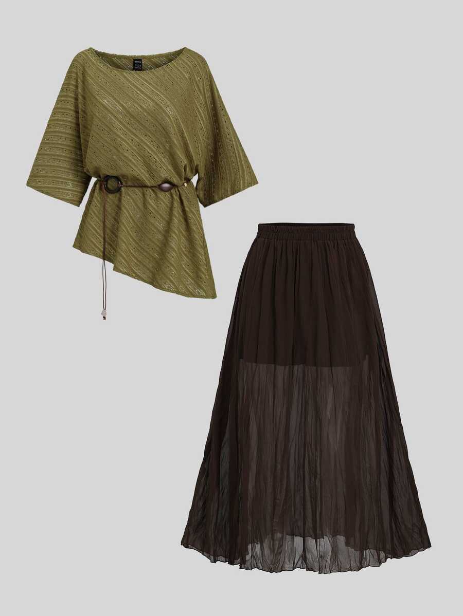 Sweetra Women's Hollow Out Asymmetrical Hem Top And Pleated Maxi Skirt Set - Multicolor - View 1
