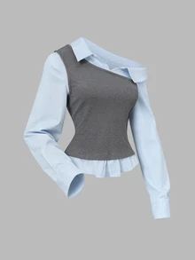 Sweetra Autumn/Winter Fashion New French Chic Design Knit/Woven Patchwork Waist-Cinching Slimming Versatile 2 In 1 Women's Shirt For Daily Wear - Grey - View 4