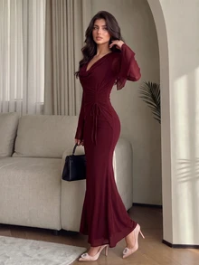 Modelyn Women's Solid Color Cowl Neck Flare Sleeve Side Drawstring Waist Elegant Long Dress - Burgundy - View 8