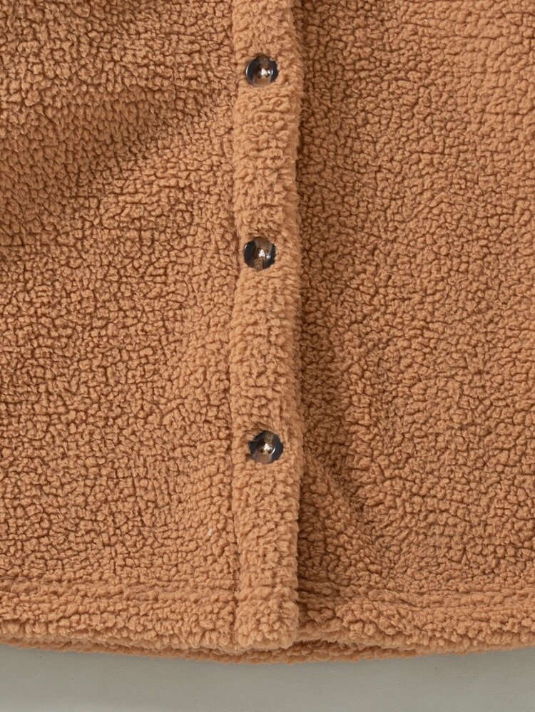 SHEIN Girls' Winter Light Brown Hooded Fleece Jacket, Comfortable Fabric, Simple And Versatile, Suitable For Indoor And Outdoor Activities - Brown - View 8