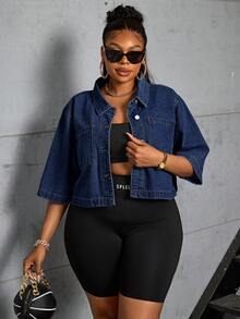 SHEIN CURVE+ Plus Size Women's Cropped Denim Jacket - Dark Wash - View 7