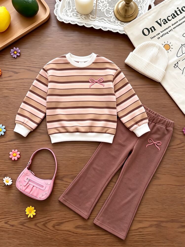 Girls (Small) Sweatshirt Set, Casual Autumn/Winter Outfit, Striped Top + Brown Bow Flared Pants - Multicolor - View 4