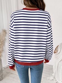 SHEIN LUNE 女款休閒極簡條紋拼色長袖運動衫 - 白色 - 查看 2