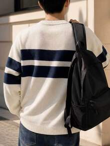 Manfinity Dauomo Men's Casual Colorblock Striped Sweater, Autumn/Winter - White - View 2