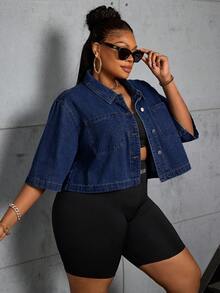 SHEIN CURVE+ Plus Size Women's Cropped Denim Jacket - Dark Wash - View 5