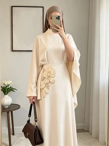 Celisse Elegant Women's Long Dress With Stand Collar, Shawl, Embroidered Floral Applique And Rhinestones - Apricot - View 1