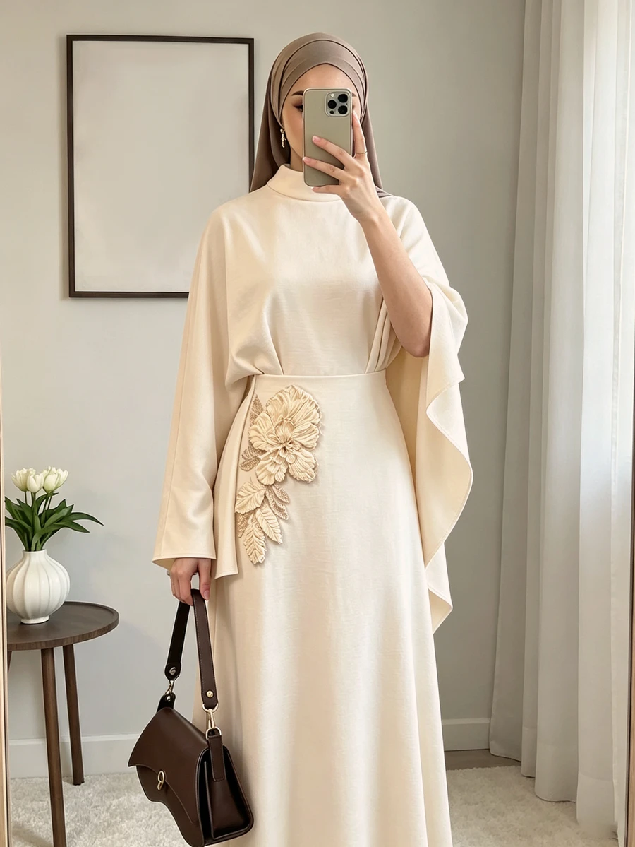 Celisse Elegant Women's Long Dress With Stand Collar, Shawl, Embroidered Floral Applique And Rhinestones - Apricot - View 1