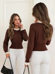 KARISMINA Brown Fake Two Piece Ruffle Trim Button Cardigan For Gathering Shopping Preppy Style,Fall Winter Sweater,Halloween,Country,Daily Commute,New Year - Brown - View 6