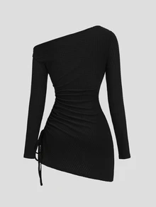 Sweetra Women's Black Elegant Casual Minimalist Commuter Asymmetrical Shoulder Pleated Fitted Hem Drawstring Design Dress - Black - View 2