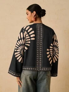 Travachic 大尺碼女款印花前綁帶長袖休閒襯衫 - 黑色 - 查看 2
