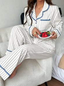 Napfluff 女童夏季黃色條紋長袖長褲休閒寬鬆居家服2件套 - 白色 - 查看 5