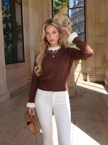 KARISMINA Brown Fake Two Piece Ruffle Trim Button Cardigan For Gathering Shopping Preppy Style,Fall Winter Sweater,Halloween,Country,Daily Commute,New Year - Brown - View 2
