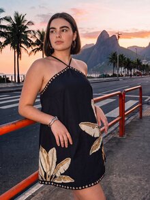 CAJUNI Chic Vacation Golden Palm Tree Embroidery Short Dress - Multicolor - View 4