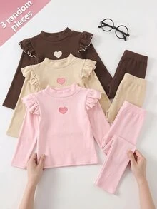 SHEIN 幼兒可愛休閒針織粉色長袖荷葉袖上衣 3件組 - 粉色 - 查看 1