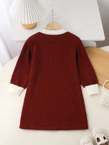 Girls' New Round Neck Slouchy Fashion Sweet Bow Sweater Dress, Chic And Stylish, Suitable For Outings, Gatherings And Back To School - Burgundy - View 2