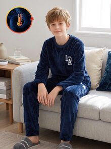 Boys' Letter Embroidered Grey Dark Grey Plush Long Sleeve Pants Set Loungewear Lounge Night Autumn Modest Casual - Blue - View 7