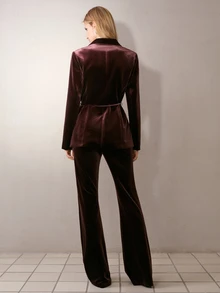 MOTF PREMIUM WOMEN'S VELVET SOLID COLOR PATCHWORK POCKET TASSEL TIE WAIST BLAZER - Brown - View 3