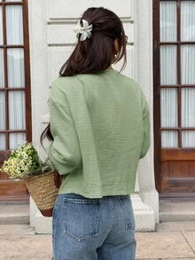 Serisse 女款純色前綁帶長袖休閒襯衫 - 薄荷綠 - 查看 2