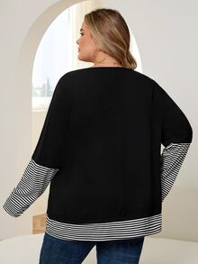SHEIN CURVE+ 大尺碼女款圓領拼接條紋 2 合 1 休閒 T 恤 秋季 - 彩色 - 查看 2