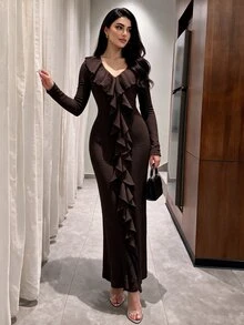 Modelyn Women's Brown Knitted Textured Long Sleeve Ruffle Waist Fitted Bodycon Fishtail Slit Elegant Romantic Dress - Brown - View 4