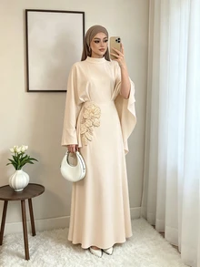 Celisse Elegant Women's Long Dress With Stand Collar, Shawl, Embroidered Floral Applique And Rhinestones - Apricot - View 3
