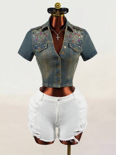 SHEIN Women's Summer Fashion Rhinestone Decor Slim Fit Cropped Denim Jacket