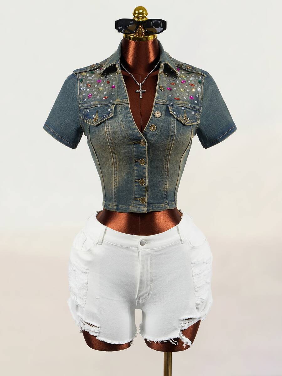 SHEIN Jaket Denim Pendek Slim Fit dengan Hiasan Rhinestone untuk Wanita di Musim Panas - Dark Wash - View 1