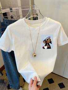 DrmWander 女款 T-shirt 女裝街頭風上衣 街頭風格 印花短袖 T-shirt 可愛夏季上衣 - 白色 - 查看 2