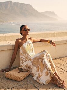 CAJUNI Chic Vacation Golden Tropical Illustration One Shoulder Maxi Dress - Multicolor - View 4