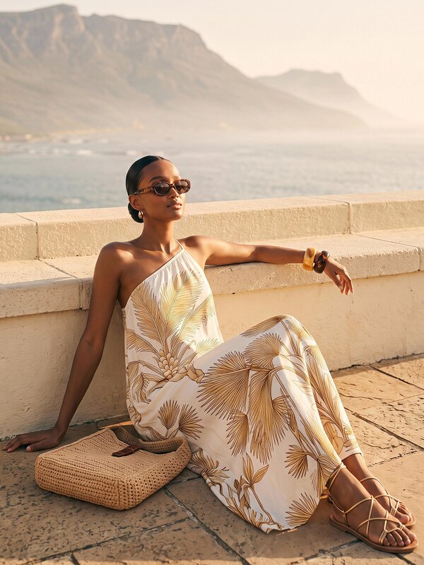 CAJUNI Chic Vacation Golden Tropical Illustration One Shoulder Maxi Dress