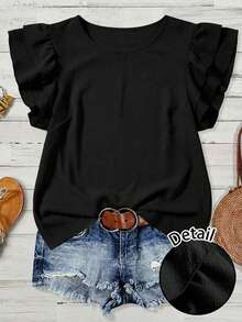 Rusticease Women's Solid Color Round Neck Ruffle Sleeve Casual Blouse - Black - View 1