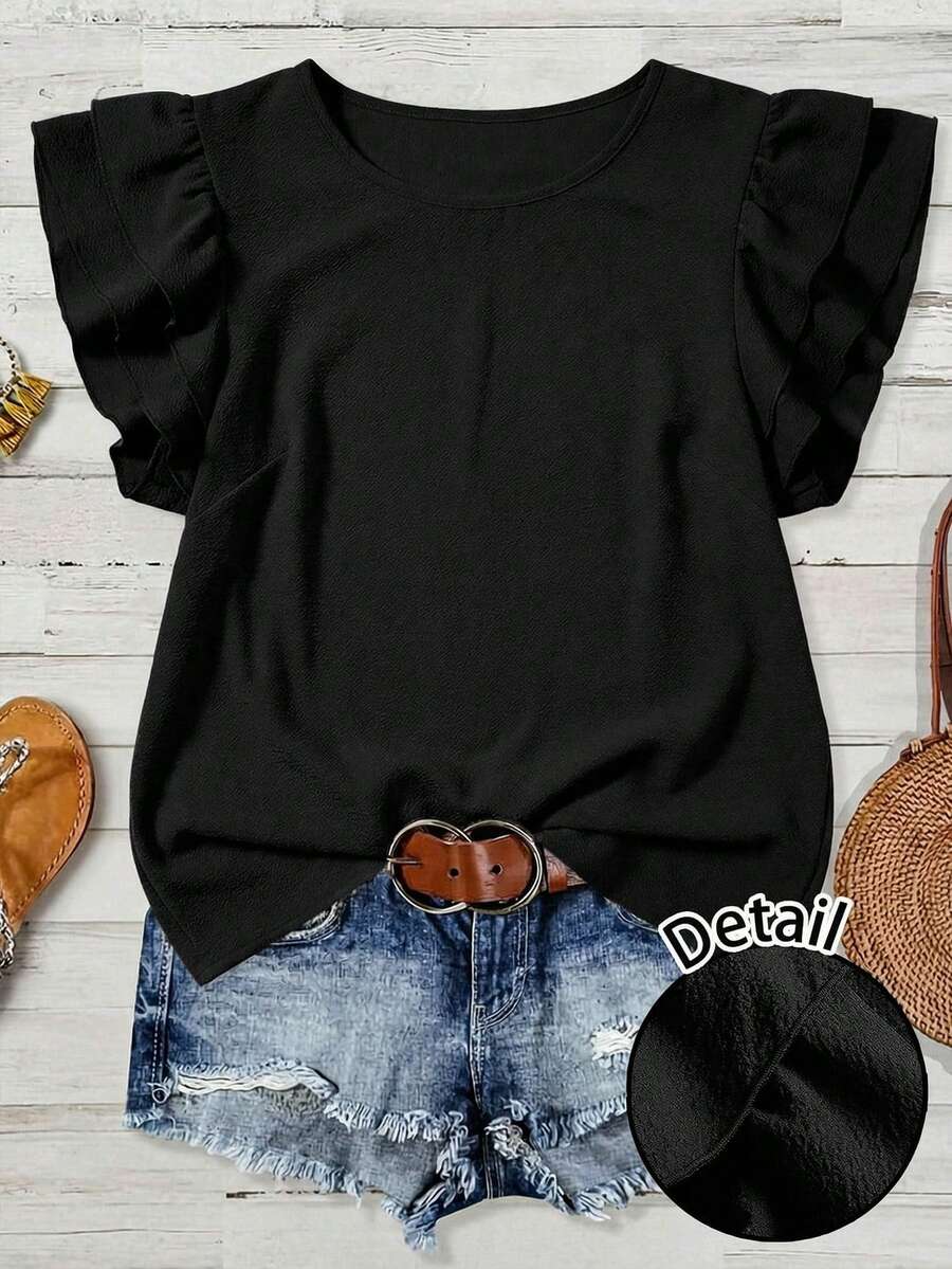 Rusticease Women's Solid Color Round Neck Ruffle Sleeve Casual Blouse - Black - View 1