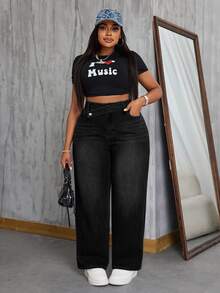 SHEIN CURVE+ Cowgirl Outfit Plus Size Women's Black Non-Stretch Slim Straight Leg Jeans - Black - View 6