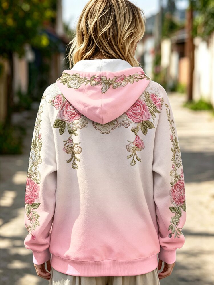 Selamara Women's Early Autumn Rose Floral Hooded Sweatshirt, Pink And White Gradient Loose Raglan Sleeve Jacket, American Vintage 3D Rose Zipper Sweatshirt, Slouchy Casual Sweatshirt - Multicolor - View 3
