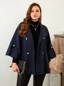 SHEIN LUNE CURVE Women's Plus Size High Neck Raglan Sleeve Cape Elegant Commute Loose Overcoat, Double-Breasted, Suitable For Autumn/Winter Wear - Navy Blue - View 3